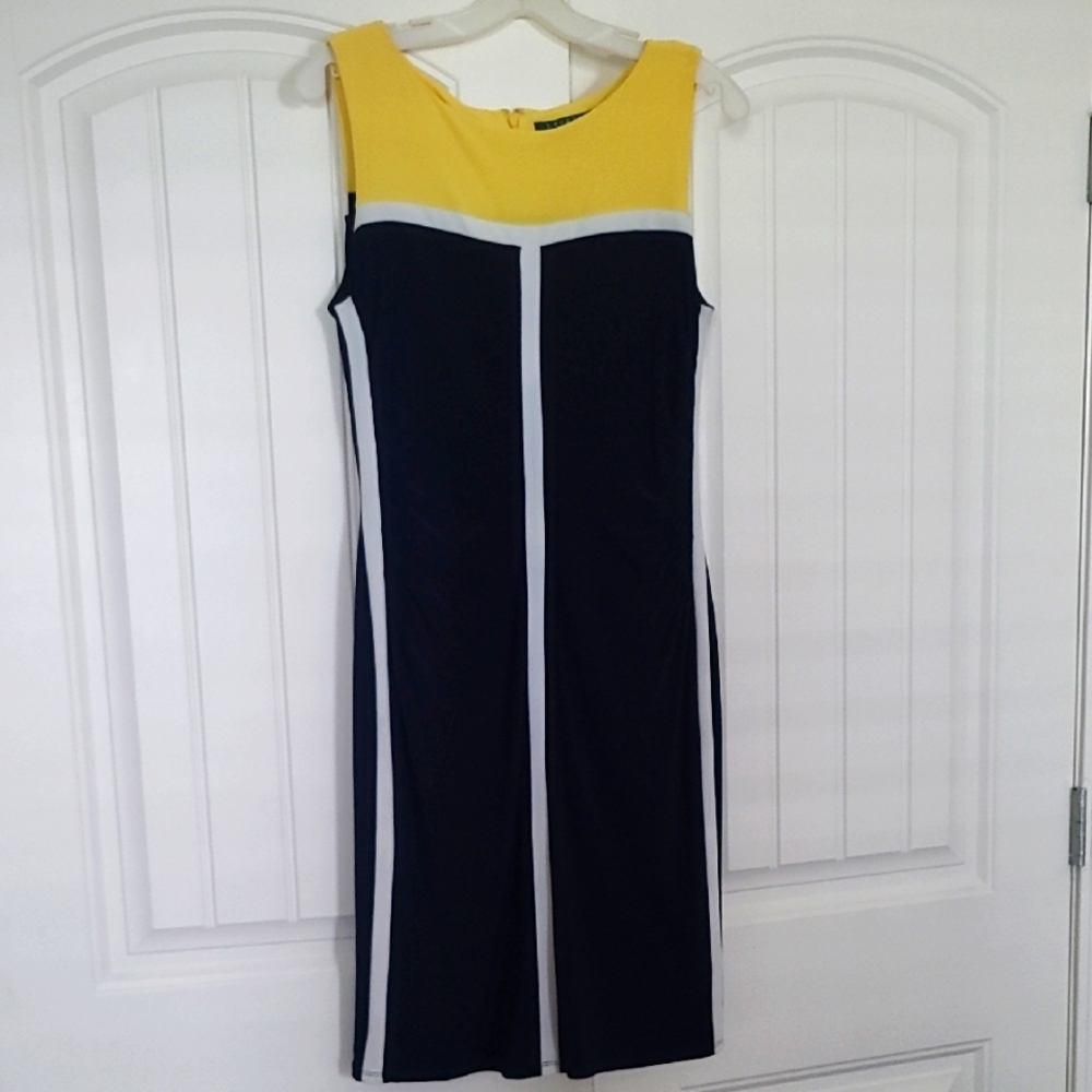 Lauren size 8 dress. Navy & yellow with white trim on both sides & down center.